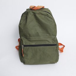 Olive Green Canvas Small Backpack With Orange Straps And Front Zip Pocket