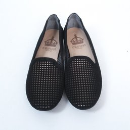 Crown Vintage Size 8 Black Perforated Laser Cut Suede Slip On Loafer Smoking Flat Shoes
