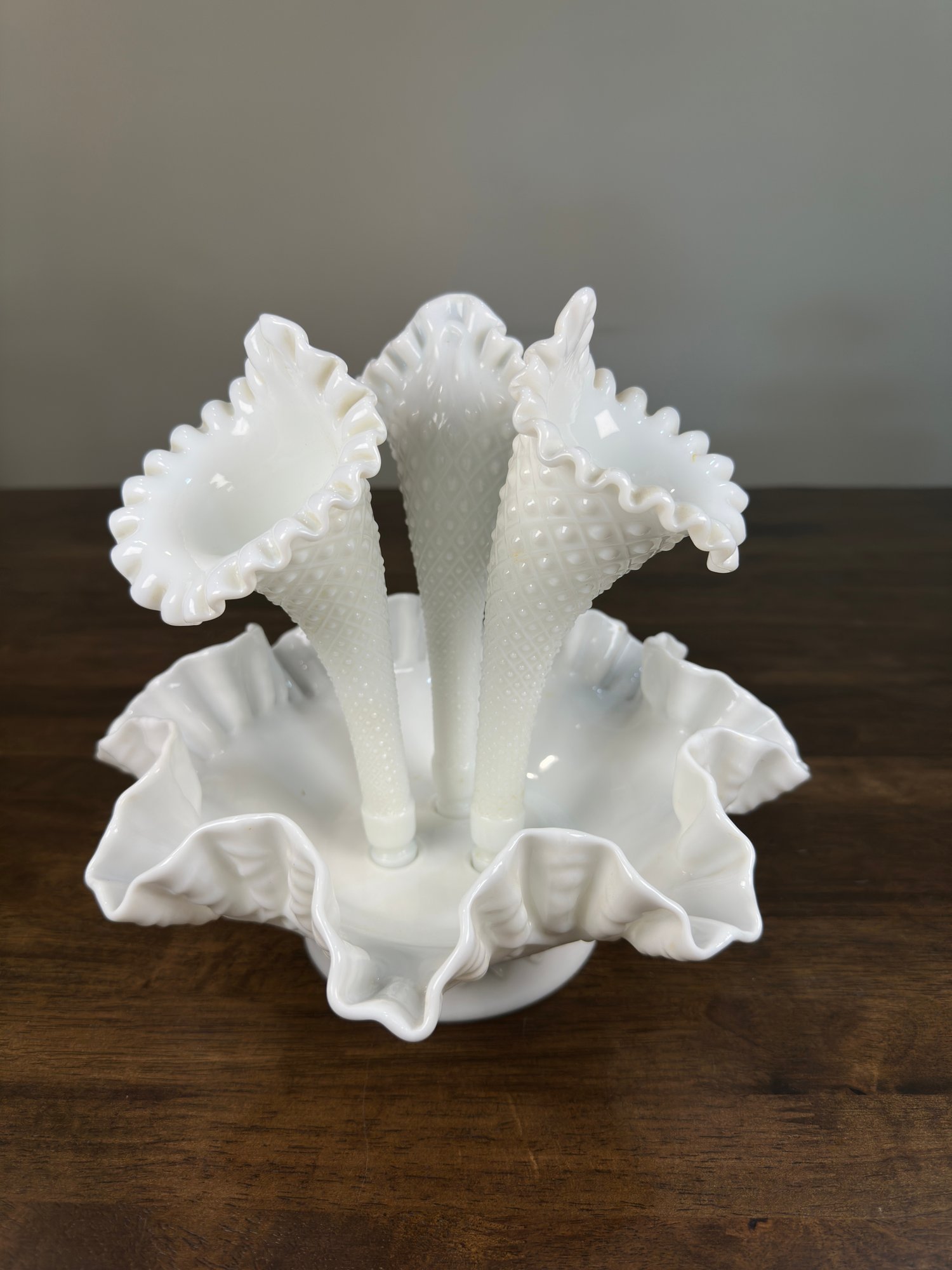 Vintage White Fenton Hobnail Milk Glass Epergne Vase Ruffled Bowl- FREE ...
