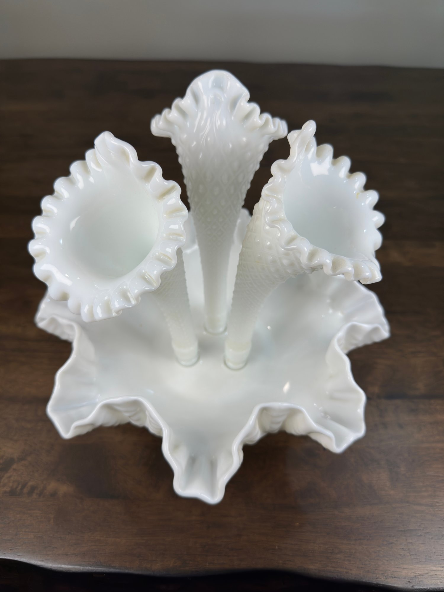 Vintage White Fenton Hobnail Milk Glass Epergne Vase Ruffled Bowl- FREE ...