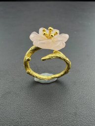 Adjustable Ring Brand New Solid 925 Sterling Silver Stamped Gold Electroplate- Pink Quartz