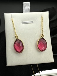 Pink Tourmaline Earrings 925 Silver-Tone, Gold-Plated Natural Gemstone