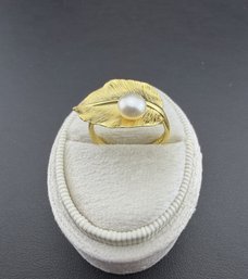 Pearl Ring Brand New Solid 925 Sterling Silver Stamped Gold Electroplated-Adjustable Size