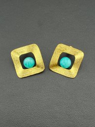 Amazonite Stud Earrings Brand New Solid 925 Sterling Silver Stamped Gold Electroplated
