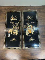 Vintage Japanese Black Lacquer And Stone Wood Panel Decor