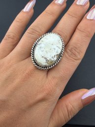 Collectable Signed Running Bear Native American Designer 925 Sterling Silver White Buffalo Turquoise Ring