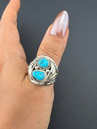 Collectable Signed L. Spencer Native American Designer 925 Sterling Silver Sleeping Beauty Turquoise Ring