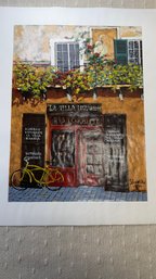 Signed European Caf Scene Painting La Villa Miranda  Italian Ristorante Street View With Bicycle