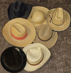 Lot Of 7 Hats - Cowboy, Straw, Fedora, Panama (R265) BT2