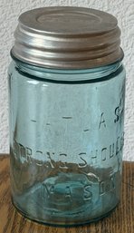 Vintage Atlas Strong Shoulder Mason Jar In Aqua Blue Glass - (B584)(K11)