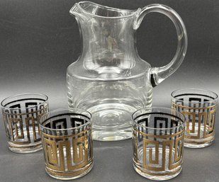 Glass Pitcher With 4 Small MCM Gold Design Glasses - (KC)
