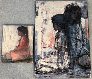 Vintage Paper On Wood Prints  ' The Two Sisters ' & ' Kneeling Girl ' By Christian Bjorn Larsen - (BB)