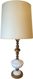 Vintage Mid-Century Modern Swirled Milk Glass And Wood Table Lamp - (ZB22)(B2)