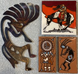 Native American Hand Glazed Tiles & Metal Wall Hanging - (O)