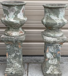 Vintage French Cast Iron Garden Urn Planters With Plinth Bases - (B67)(G)