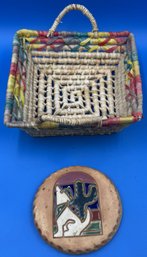 Southwestern Wicker Basket & Artist Signed Stoneware Trivet - (S5)