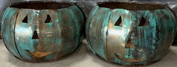 Rustic Garden Recycled Metal Jack-o'-lanterns In A Green Rust Patina Finish - (B74)(G)