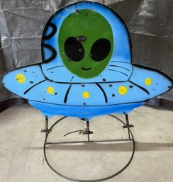 Handcrafted Metal Yard Art Sign Depicting A Green Alien Pilot Inside A Blue UFO - (B83)(G)