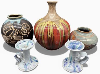 Large Pottery Vases With Modern Drip Glaze & Two Candle Holders (M98.K11)