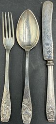 Vintage Stamped 800 Silver Knife, Fork & Spoon With Intricate Handles (K190.DC)