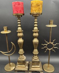 2 Large Brass Pillar Candle Holders & Sun/Moon Taper Holders (M126.FR2)