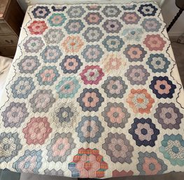 Vintage Quilt Featuring Hexagonal Design & Crafted By Hand (K213.B1C)