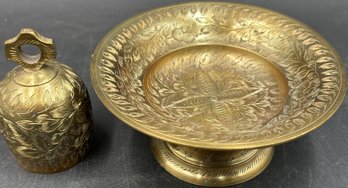 Hand-Etched Brass Pedestal Bowl & Matching Brass Bell Made In India (M24.DR1)