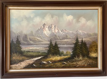 Large Wood Framed Mountain Scene Oil Painting By C.S. Kany (M85.B2)