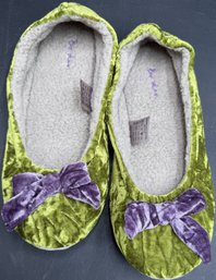 Green Boden Velvet Slippers With Purple Bows (K306.B1C)