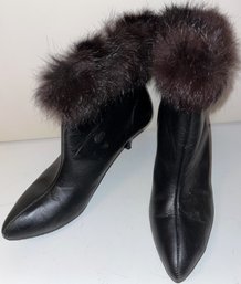 1950's Black Leather Fur Trim Ankle Boots Size 6B - (UD3)