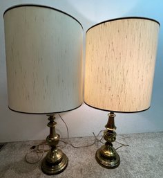 Vintage Pair Of Brass Lamps With Shades - (UH)