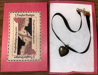 Vintage Copper Colored Heart Engraved Locket On Black Ribbon - (B2C)