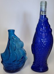 Blue Glass Sailboat Bottle From Italy With Cobalt Blue Glass Fish Bottle (K31.K6)