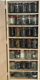 Tall Narrow Hardware Organizer Storage Cabinet With Assorted Clear Jars And Fasteners- (B466) (G)