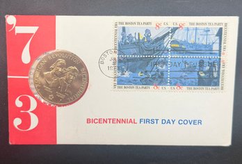 1973 Bicentennial First Day Cover PNC – Boston Tea Party Stamps & Bronze Medal (J11)