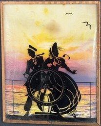 Antique Art Deco 'Fisher' Reverse Painted Silhouette Painting - (B224)(B1C)