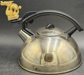 Vintage Kamenstein Stainless Steel Tea Kettle With A Distinctive Gold-toned Dragon Spout Whistle - (B234)(K6)