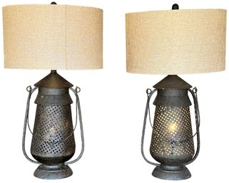 Pair Of Metal Lantern Table Lamps - (p)