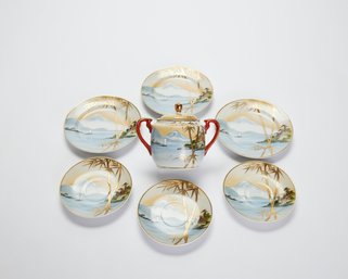 Japanese Landscape Sugar Bowl And Plates