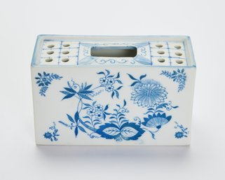 Blue & White Porcelain Floral Block Bud Vase Flower Frog