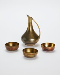 Mid-Century Brass Ewer Pitcher With 3 Enamel Inlaid Indian Bowls