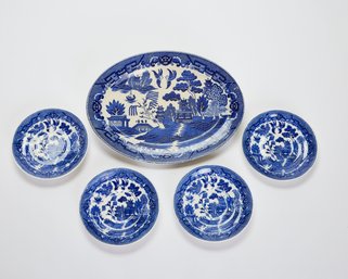 Gorgeous Antique Japanese Blue Willow Platter & 4 Plate Set