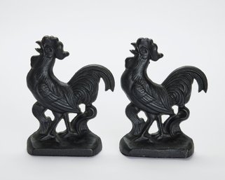 Pair Of Cast Iron Rooster Bookends Or Doorstops