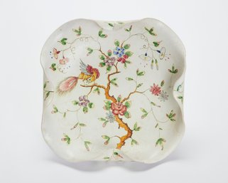 Italian Hand-Painted Bird & Floral Motif Curved Edge Ceramic Dish/tray