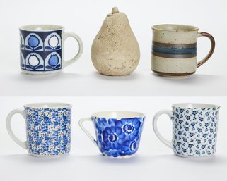 Blue, White & Tan Mugs With Decorative Pear