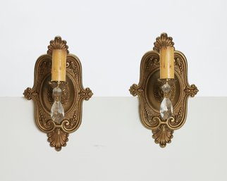 Pair Of Hollywood Regency Gilt Metal Wall Sconces With Crystal Prism