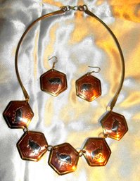 NEW/OLD STOCK Chunky Necklace And Earring Set Mixed Metals Brass Copper Elephants