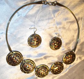 NEW/OLD STOCK Chunky Necklace And Earring Set Mixed Metals Brass Copper Basketweave