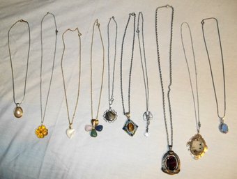Lot Of 10 Vintage Pendant Necklaces Some Signed  AVON, MIRACLE, Amber MOP Pewter