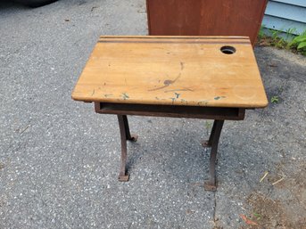 Small Size Antique Child's School Desk Iron Base Wooden Top Inkwell